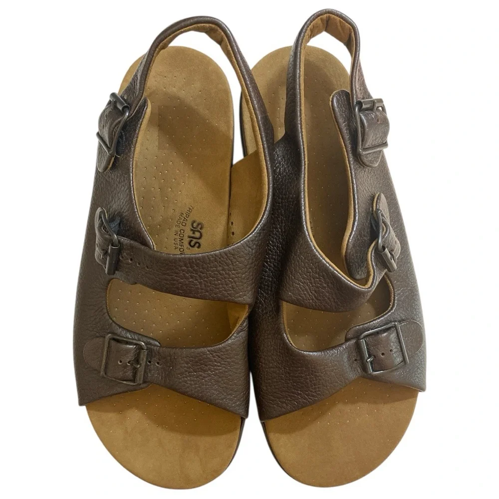 SAS Bravo Men's Comfort Sandals Size 13 Wide Brown Leather Triple Strap Orthotic - Picture 2 of 7